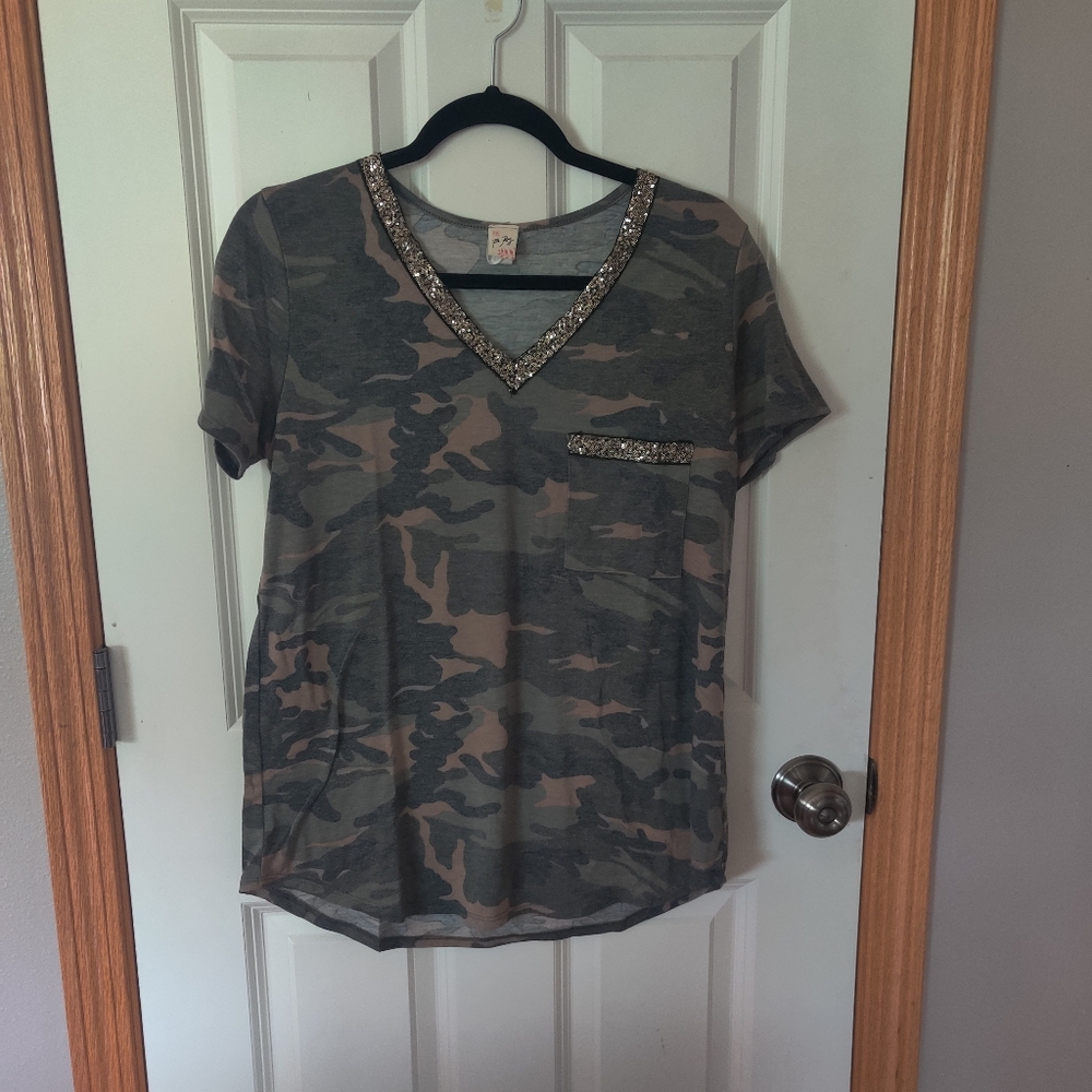 Camo V-Neck Sequin Pocket Top